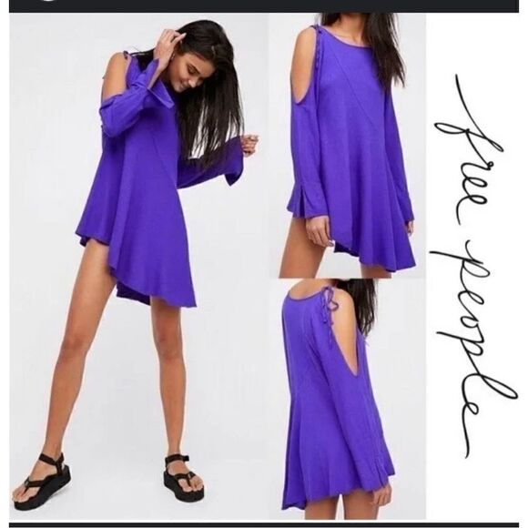 Free People Clear skies tunic cold shoulder blouse purple top L - Picture 1 of 10
